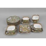 A Cantonese famille rose porcelain part tea service, comprising three teacups, six saucers, and