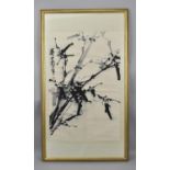 A large Chinese ink painting on paper laid on silk, depicting bamboo branches with calligraphy to