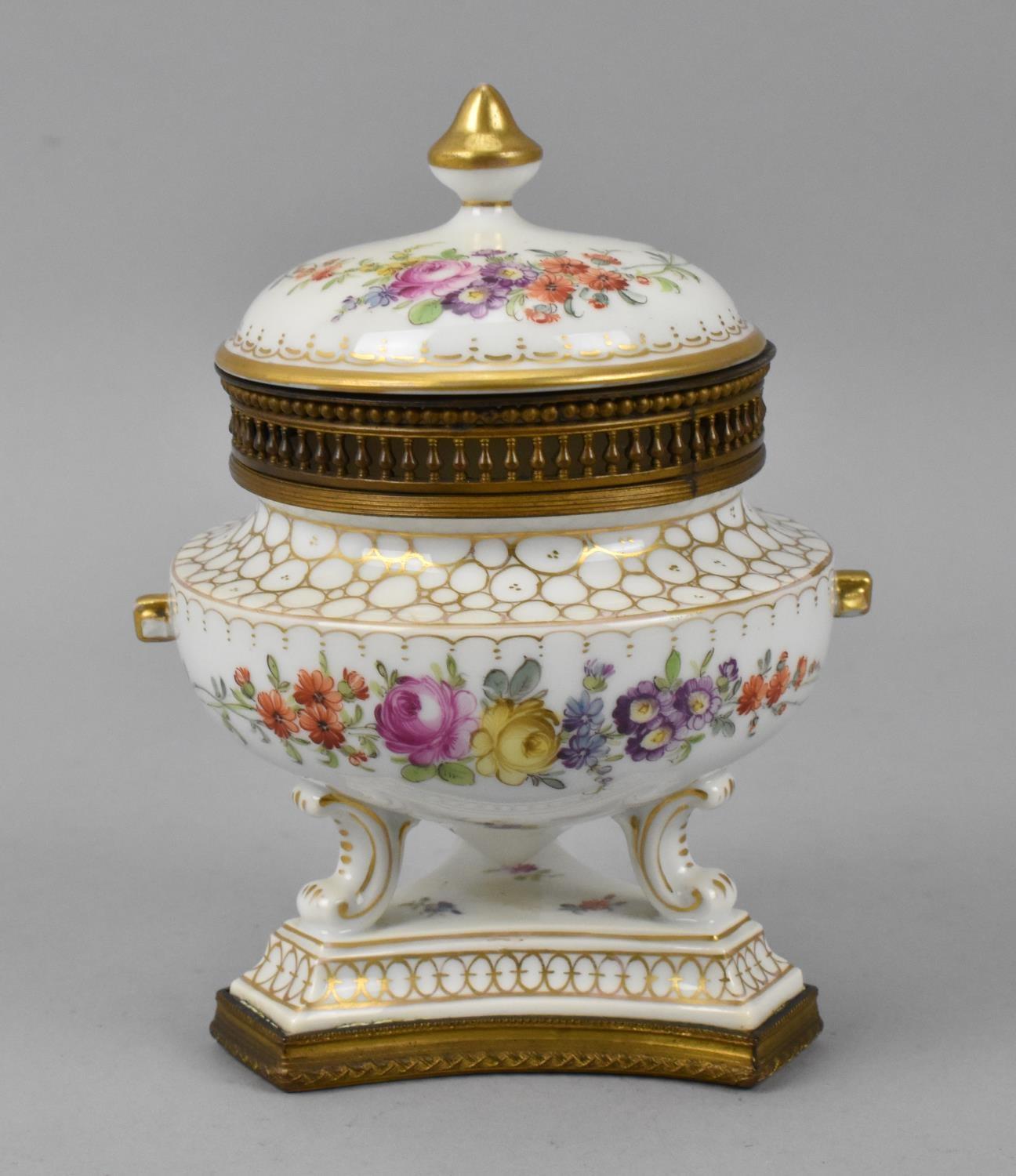 A Franziska Hirsch Dresden porcelain pot pourri vase with pierced ormolu gallery and base, the