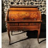 A 19th century French Louis XV style tulipwood marquetry cylinder bureau, with marble top framed