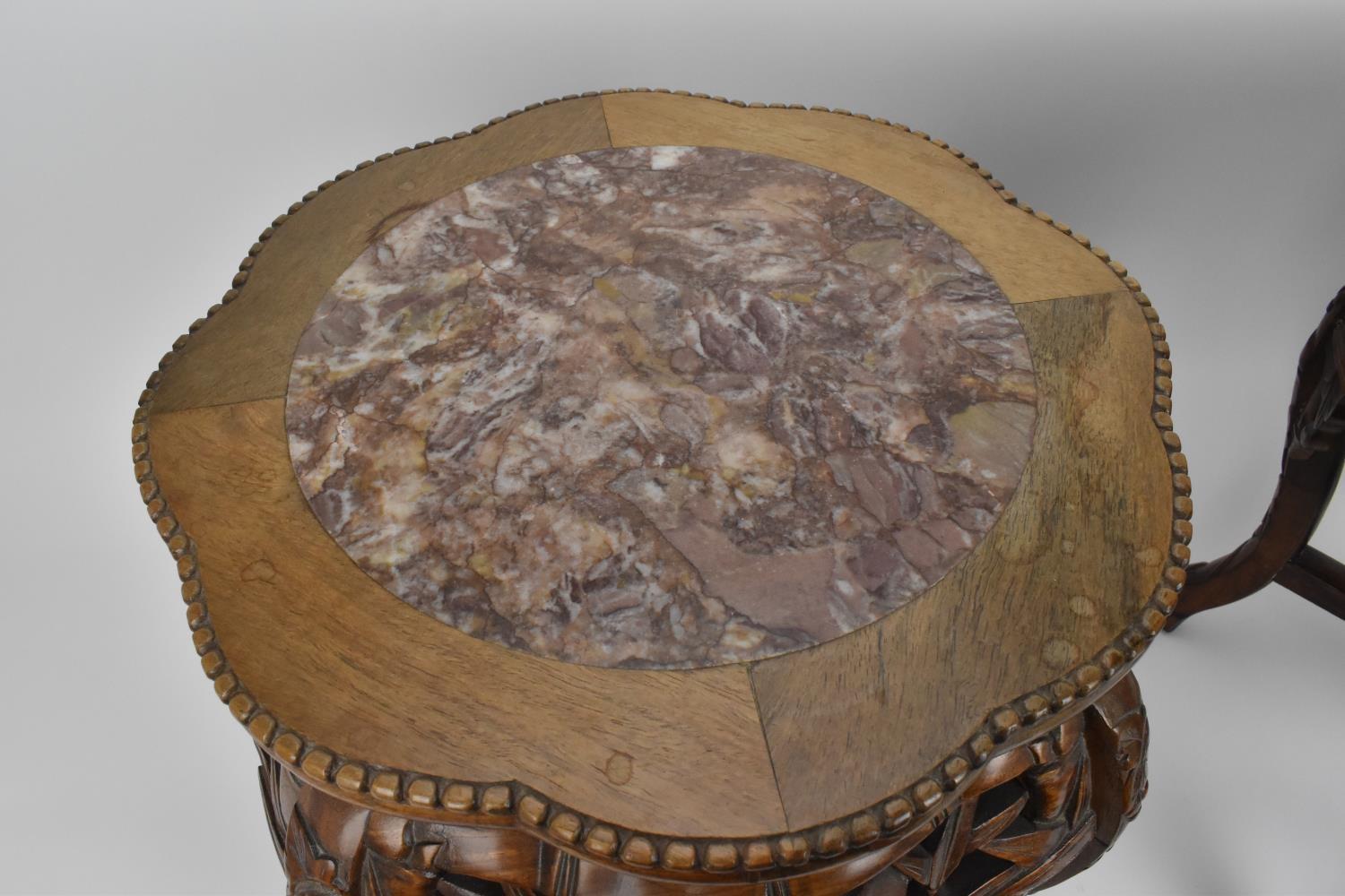A pair of Chinese carved hardwood and marble jardiniere stands, with beaded rim and pierced - Image 3 of 6