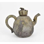 A Chinese stoneware teapot of naturalistic form with ruched opening and lid mounted with an animal