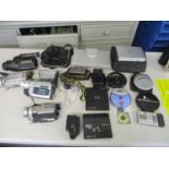 Four vintage Sony Handycams, together with a pair of Auriol binoculars, portable DVD players,