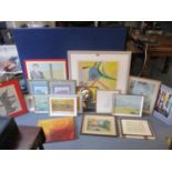 A quantity of pictures, prints and watercolours to include Edith Meinel - abstract print 'Tektonisch