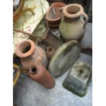 Garden related items to include a staddle stone style fountain, terracotta pots and urns, metal