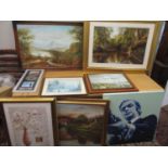 Pictures to include oil paintings of rural scenes prints and others along with a Cliff Richards