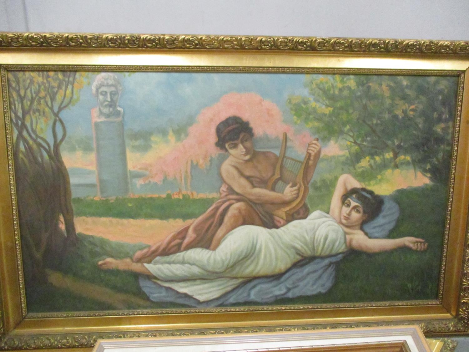 Various pictures to include a classical scene of a couple, oil on canvas, and a mirror together with - Image 5 of 6