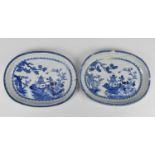 Two Chinese 19th century Qing dynasty blue and white porcelain dishes, with central pavilion and