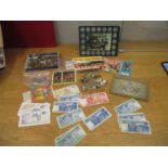 Collectables to include coins, spoons, 1990s banknotes and stamps