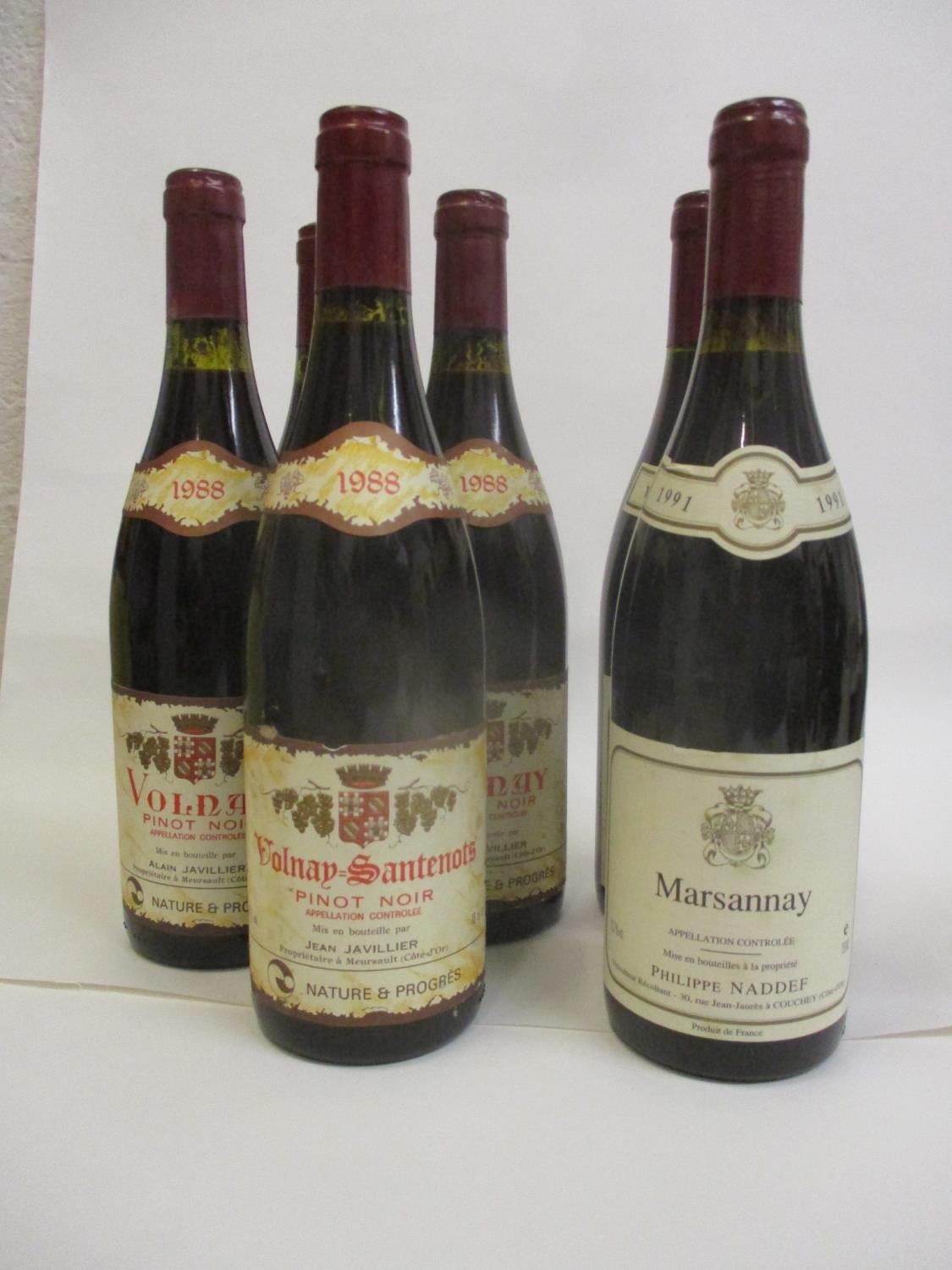 Two bottles of Volnay A.C 1988 - Alain Javillier, two bottles of Bourgogne Pinot Noir A.C 1990 -