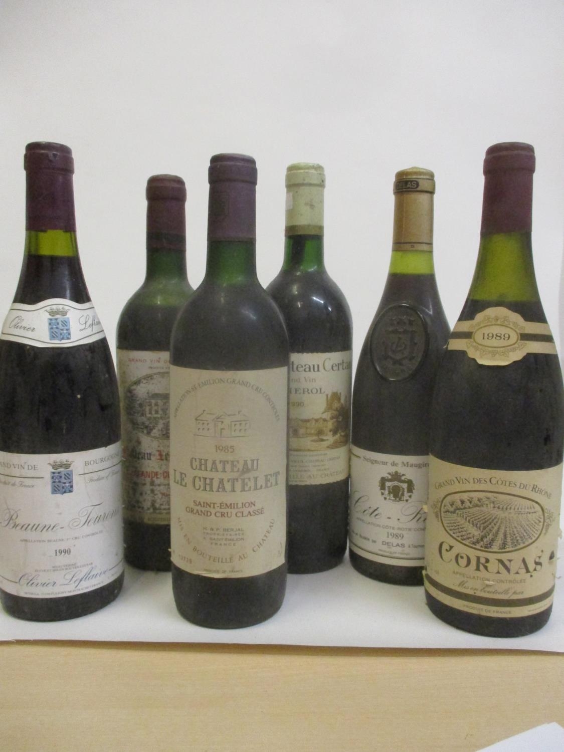 Six bottles of red wine to include 1985 Chateau le Chatelet Saint Emilion, Pomerol 1990 and 1986