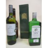Four bottles to include London Dry Gin 70cl, House of Commons Sherry, Fino Sherry, Harveys Sherry