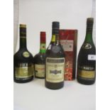 Four bottles of Cognac to include Courvoisier, Martel, Remy Martin and one bottle of Three Barrels