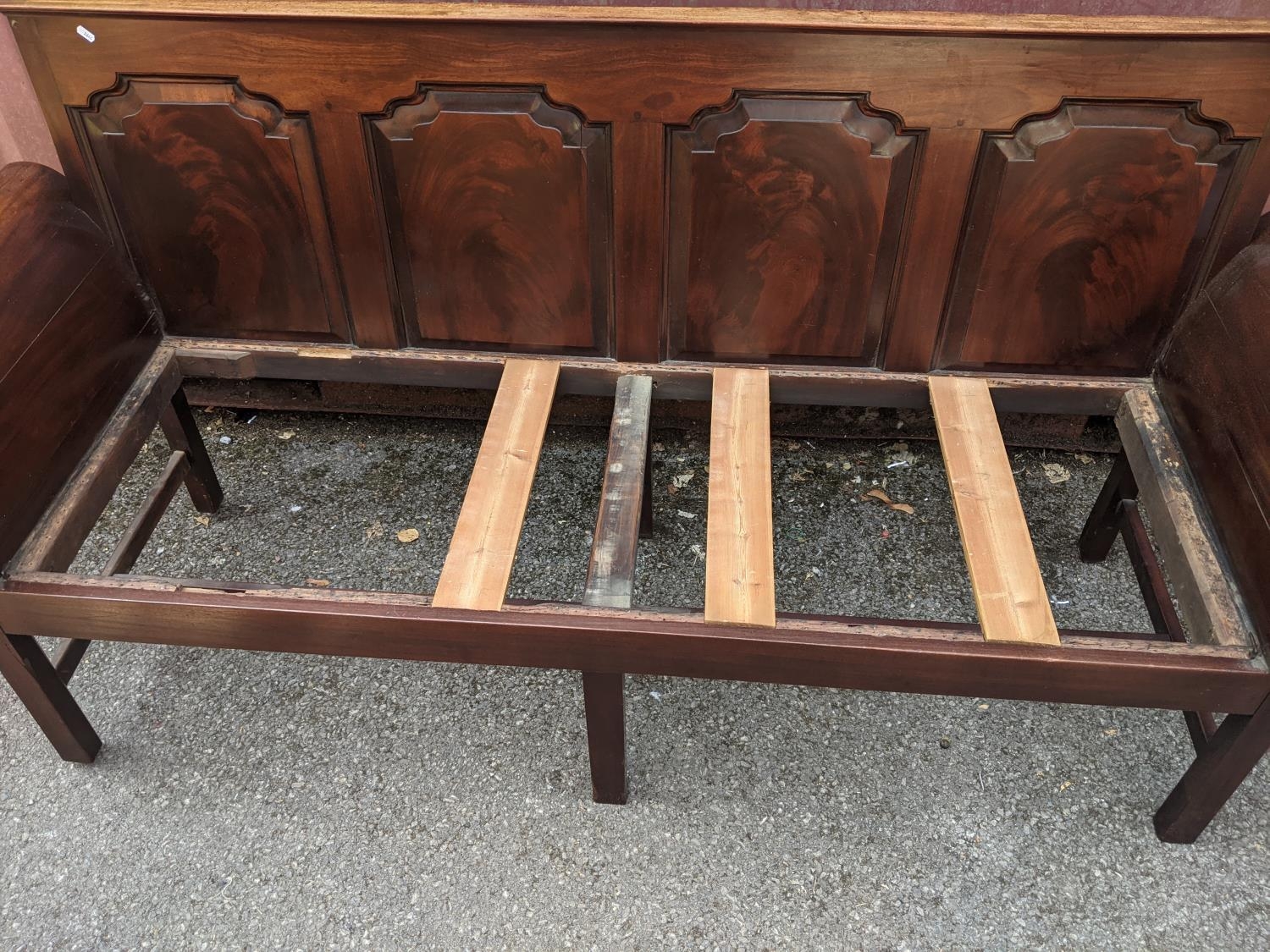 A George III mahogany settle/bench with scroll ends and panelled back with four moulded panels, - Image 11 of 11