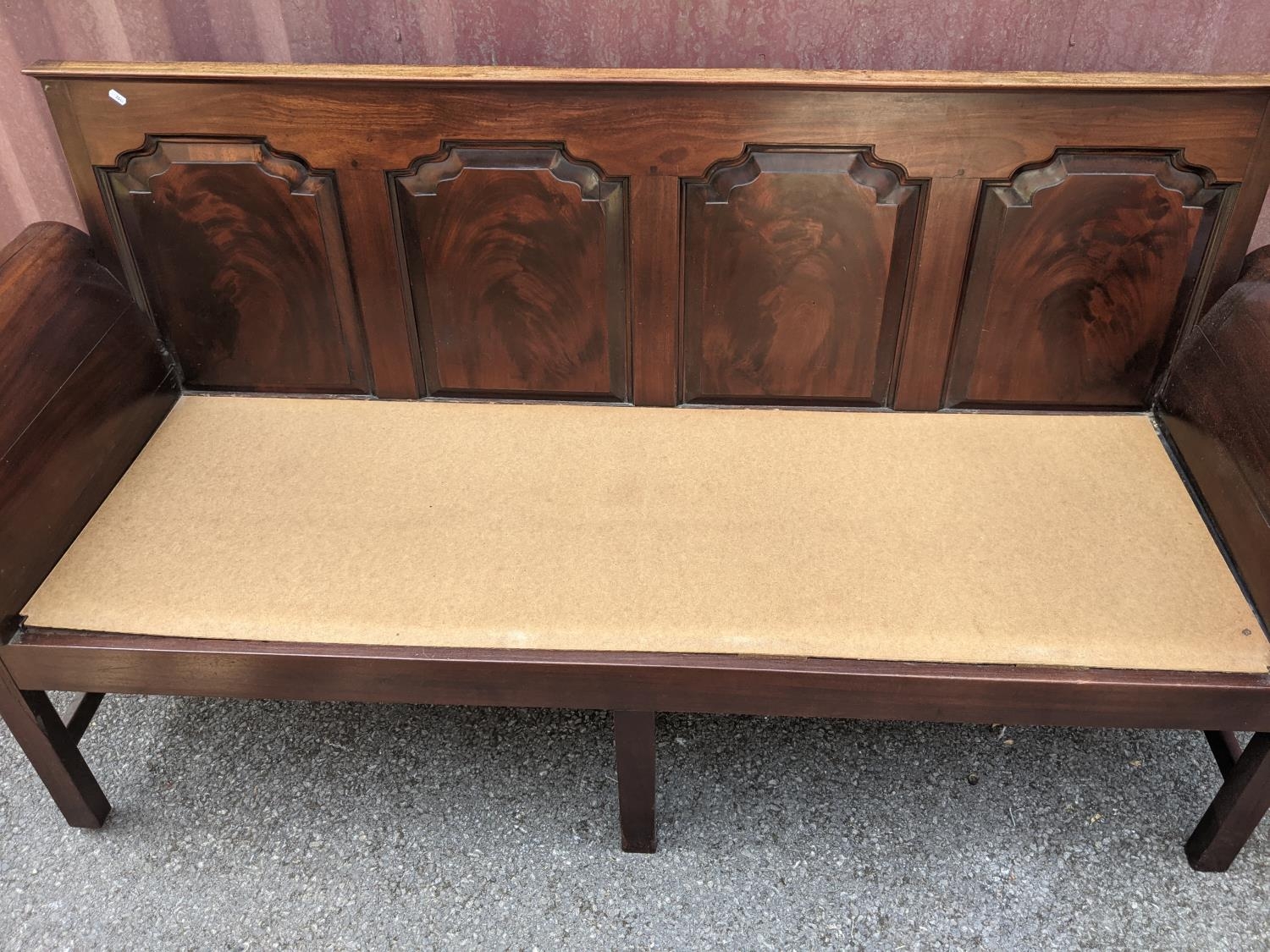 A George III mahogany settle/bench with scroll ends and panelled back with four moulded panels, - Image 10 of 11