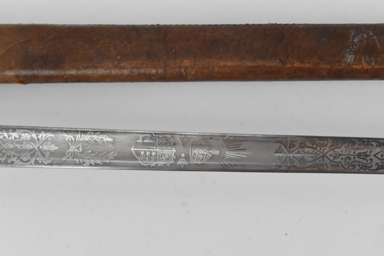 Two British army dress swords, one with leather scabbard, the grip with shagreen and large hoop - Image 11 of 15