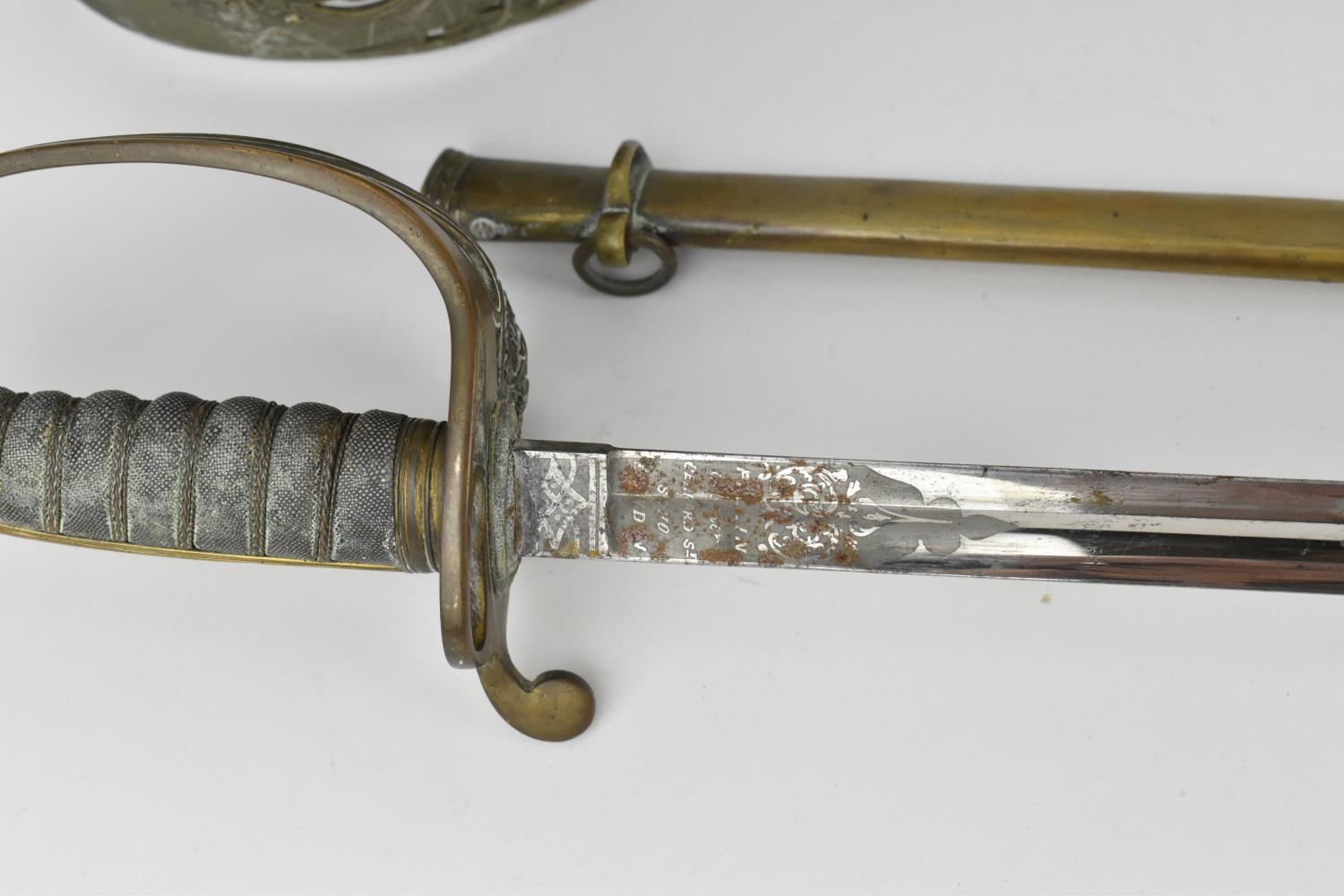 Two British army dress swords, one with leather scabbard, the grip with shagreen and large hoop - Image 12 of 15