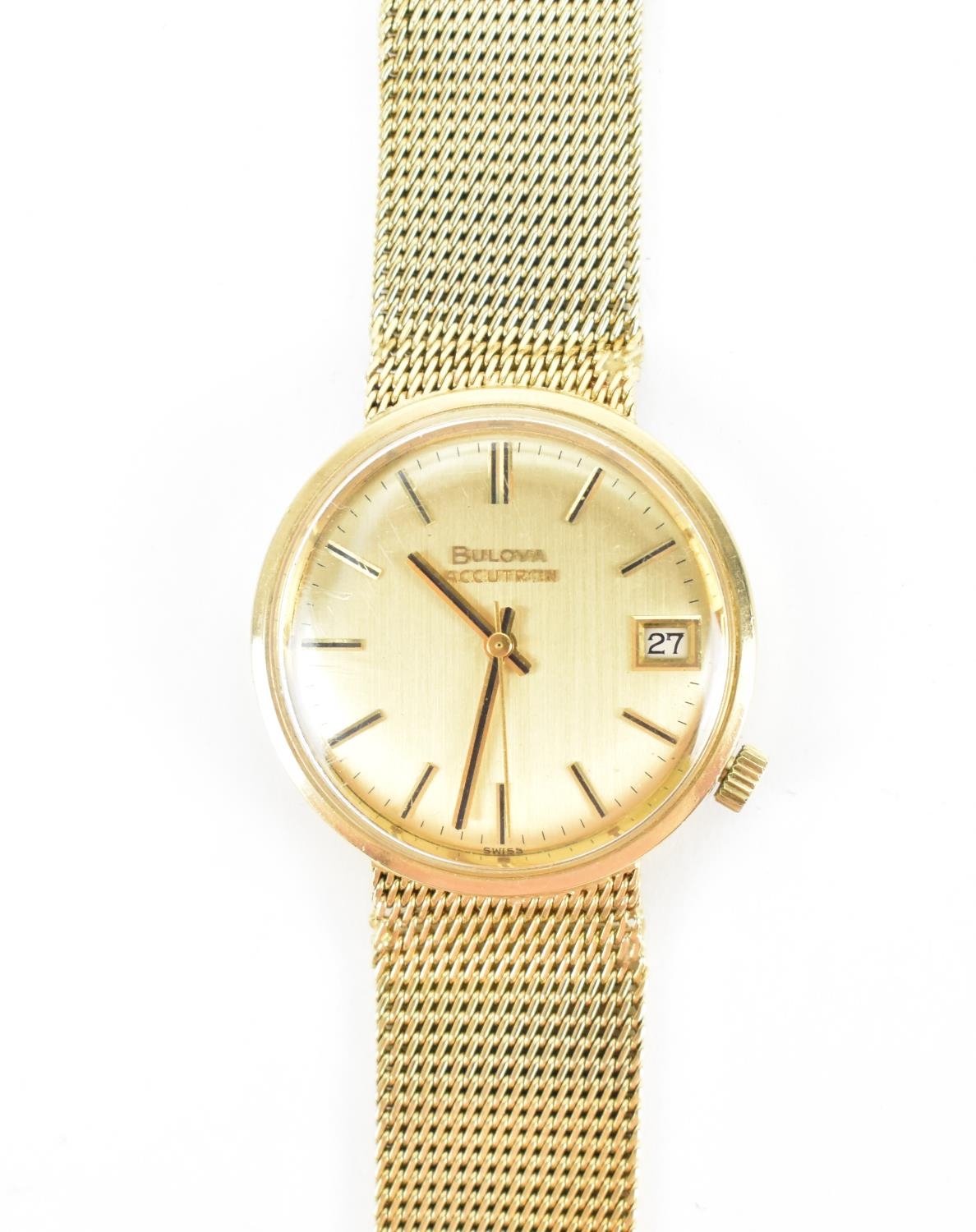 A 9ct yellow gold Bulova Accutron wristwatch with mesh gold strap, 21 cm long, total weight 65.3