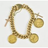 A yellow metal curb link charm bracelet with a mounted full sovereign coin, 1899, two mounted half