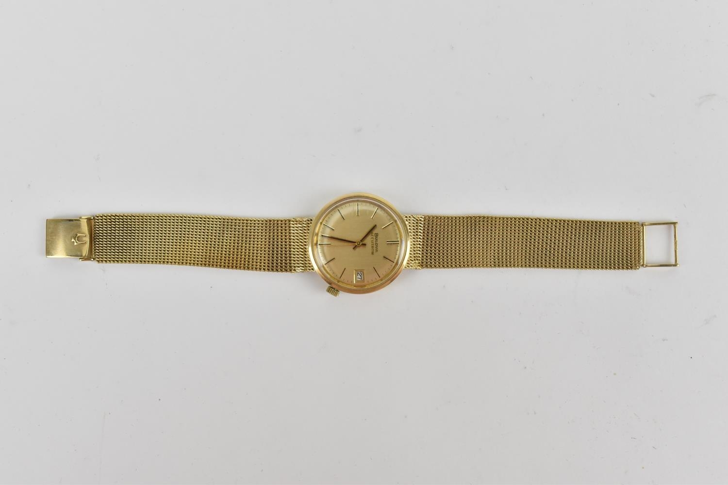 A 9ct yellow gold Bulova Accutron wristwatch with mesh gold strap, 21 cm long, total weight 65.3 - Image 2 of 4