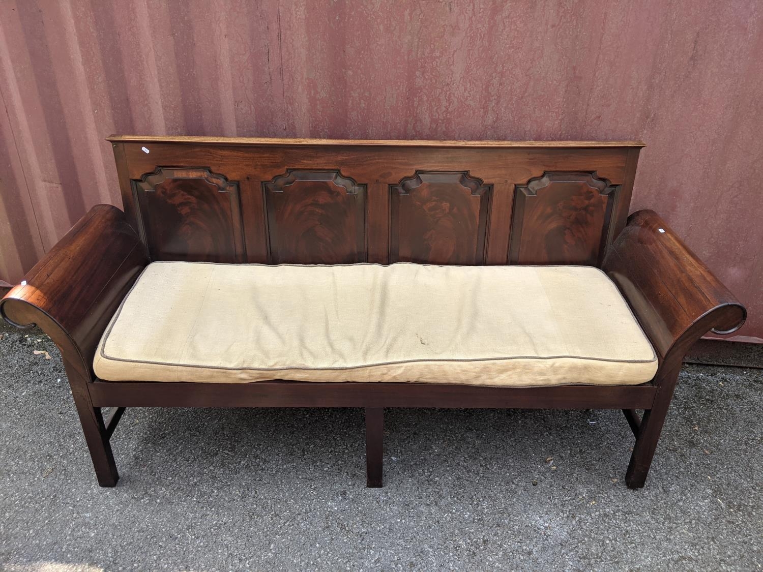 A George III mahogany settle/bench with scroll ends and panelled back with four moulded panels, - Image 2 of 11