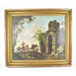 Continental School, 19th century a countryside scene with a farmer and son and a herd of cattle,