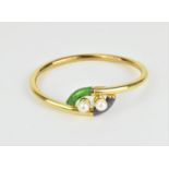 An 18ct yellow gold, enamel and pearl bangle by Gaston Lebo, with opening at the front, the two