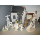 Lladro, Nao and other figures and model birds along with a Waterford Crystal photograph frame, boxes