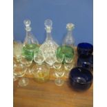 Three decanters and mixed domestic glass to include three cobalt blue finger bowls Location: G