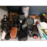 Vintage cameras and lenses to include a Vivitar 24mm wide angle lens, a Minolta lens, a Silette