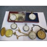 A group of gold plated, silver and other pocket watches, some with chains. Condition one yellow