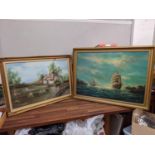 A Morton - a cottage garden scene, oil on canvas and a harbour scene, with two sailing ships, oil on