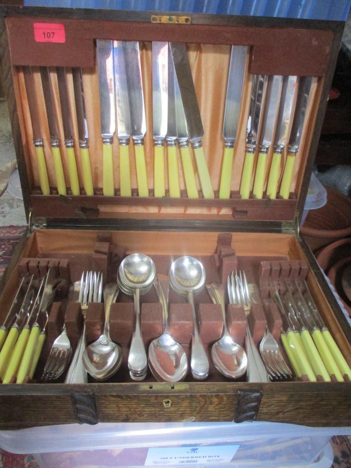 A silver plated canteen of cutlery and flatware contained in an oak finished case Location: RAB