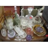 Mixed domestic glass to include a sugar sifter and decanters LOC back row