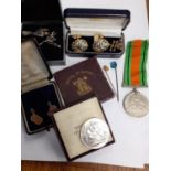 An Ultimate Collection Concorde cufflink set, other cufflinks, two stick pins, a Defence Medal and a