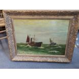 A 20th century oil on board depicting ships on a choppy sea, signed D R Miller and dated 1966