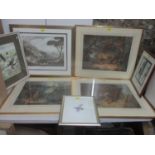 A group of framed and glazed prints to include a set of three Victorian hunting pictures, and a