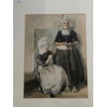 W Windels - a portrait of two young girls knitting, watercolours, signed 30cm x 22cm, framed and