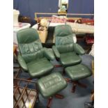 A pair of late 20th century green leather upholstered swivel chairs and matching stools Location: C