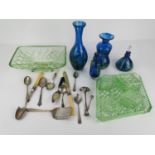 A collection of hand blown blue Maltese glass vases and perfume bottle, together with a mid