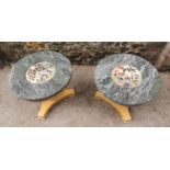 A pair of hardstone, serpentine green marble and wood side tables, with circular marble tops centred