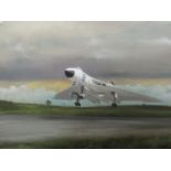 Ross Flood - a gouache of a British jet plane take-off from the runway, signed and dated '68 to