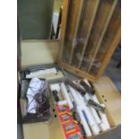 Hornby model train track, accessories, engines, carriages and a pine wall display cabinet-