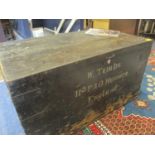 A military painted pine campaign chest belonging to William Timbs with a 1914 photograph of the