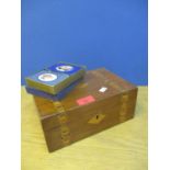 An early 20th century mahogany box with marquetry together with commemorative playing cards