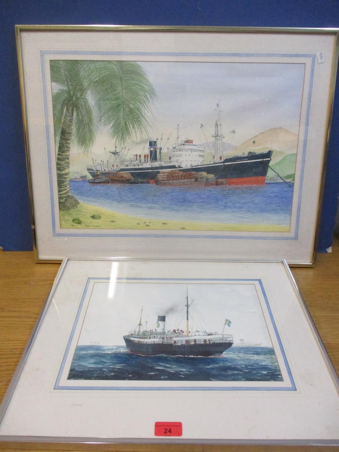 Peter Whitehead - Ship at Sea and Ship in Port, two watercolours, 34cm x 24cm and 52cm x 36cm