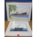 Peter Whitehead - Ship at Sea and Ship in Port, two watercolours, 34cm x 24cm and 52cm x 36cm