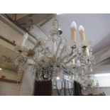 Three 20th century glass drop chandeliers, eight arm, A/F together with boxes of miscellaneous glass