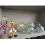Three retro glass textured globe ceiling lights with chrome attachment and two other glass shades