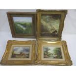 Four mixed oil paintings to include one depicting sailing boats on a rough sea, 19 x 24cm framed